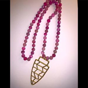 Pink druzy bead necklace with triangular shaped pendant